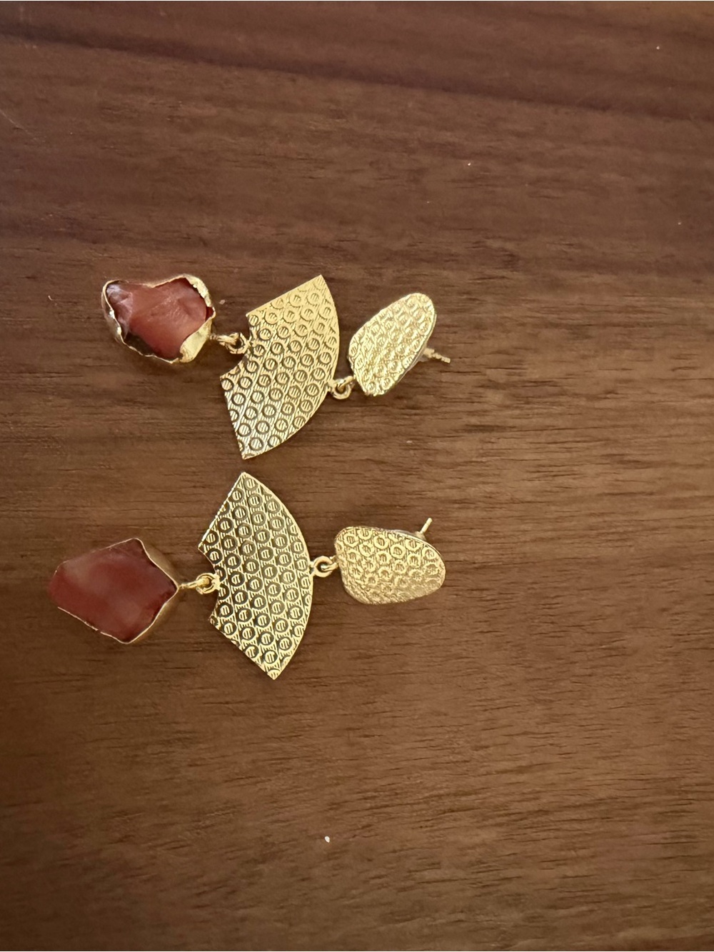 Gold Tone Drop Earrings with Brown Stone Accent